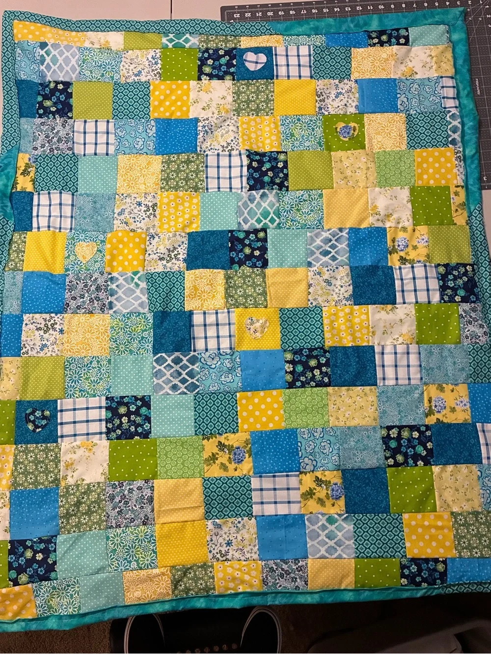 Handmade Patchwork Quilt in Blue, Yellow & Green - Cozy Home Bedding